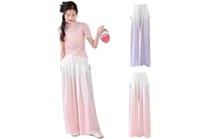 Girls Cute Baggy Long Pants Wide Leg Straight School Dance Casual Palazzo Pants Teen Kids Gradient Color Trousers