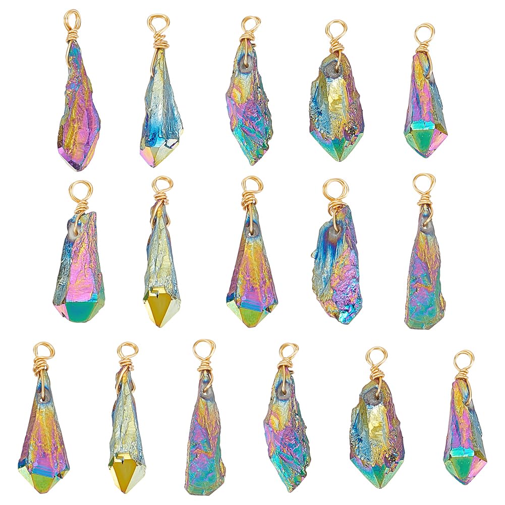 FINGERINSPIRE 16PCS Electroplated Gemstone Charm, Copper Plated Wire Wrapped Quartz Crystal Pendant Without Chain, 30x7.5x5mm Colorful Teardrop Natural Crystal Pendant Gemstone