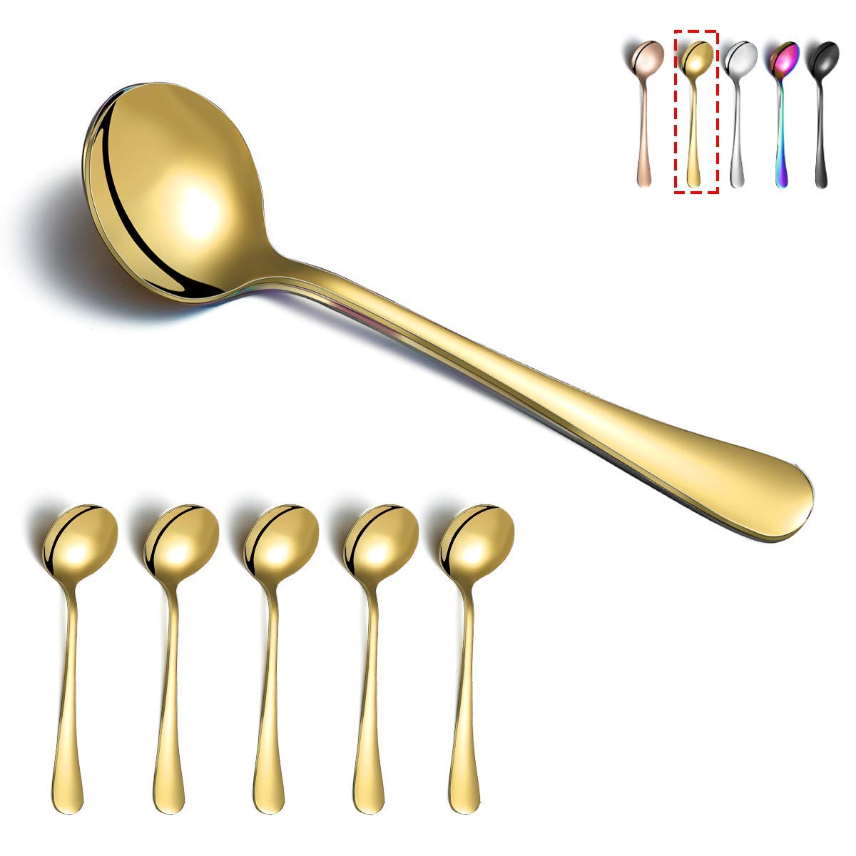 Gold Soup Spoons, Kyraton 6 Pieces 19 cm Stainless Steel Round Spoons with Gold Titanium Plating, Dinner Spoon Table Spoon, Silverware Dishwasher Safe Set of 6