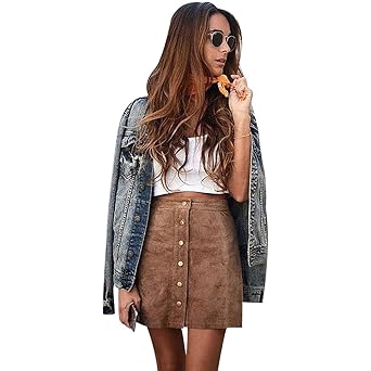 mioim Damen Minirock Wildleder A-Line Vordere Reihe Schnalle Rock Röcke Kurz Hohe Taille Skate Mode Sommer Frühling Röcke