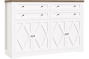 HOSTACK 55" Coffee Bar with 4 Large Drawers, 40" Tall Buffet Cabinet with Storage, Kitchen Storage Cabinet, Modern Farmhouse Sideboard Buffet, Adjustable Shelves for Living Room, White