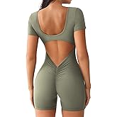YEOREO Short Sleeve Jumpsuit for Women V Back Scrunch Butt Short Bodysuit Lizvette Open Back Workout Romper One Piece Bodycon
