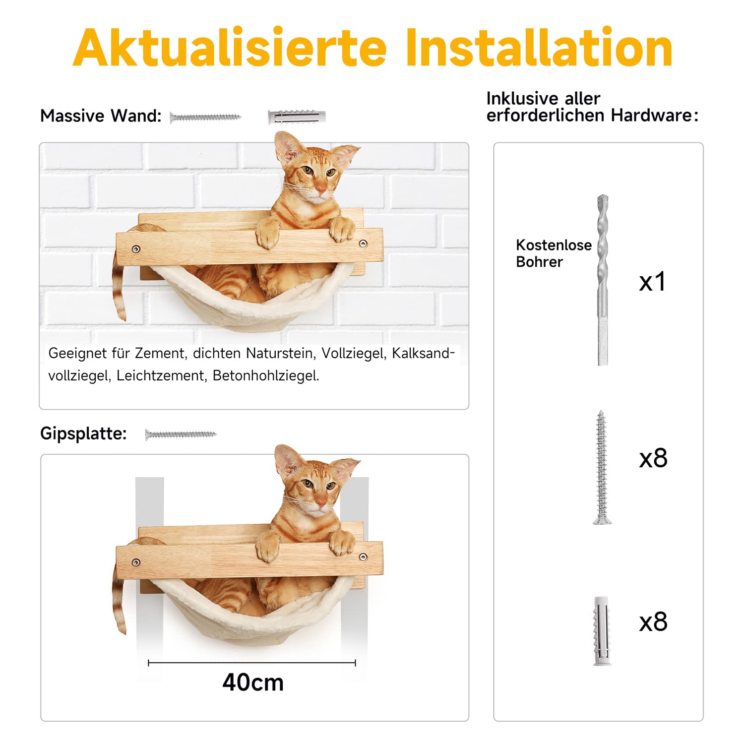 FUKUMARU Kletterwand Katzen, Großes Katzenregal zur Wandmontage, aus massivem Gummibaumholz, Katzenhängematte Wand zum Schlafen, Spielen, Tragkraft bis 18 kg, Weißes Flanellmaterial 5