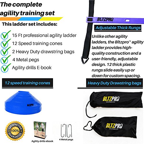 Bltzpro AGILITY LADDER with SOCCER CONES-A Fitness Training Gear used by Athelets & Coaches for teams sports.16ft | Adjustble Rungs| 12 Cones| 2 Carry Bags| 4 pegs |footwork drills ebook
