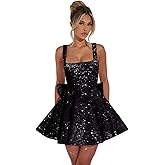 Wchecalino Square Neck Sequin Homecoming Dresses 2026 Short Spaghetti Strap Sparkly Cocktail Party Dresses with Bow