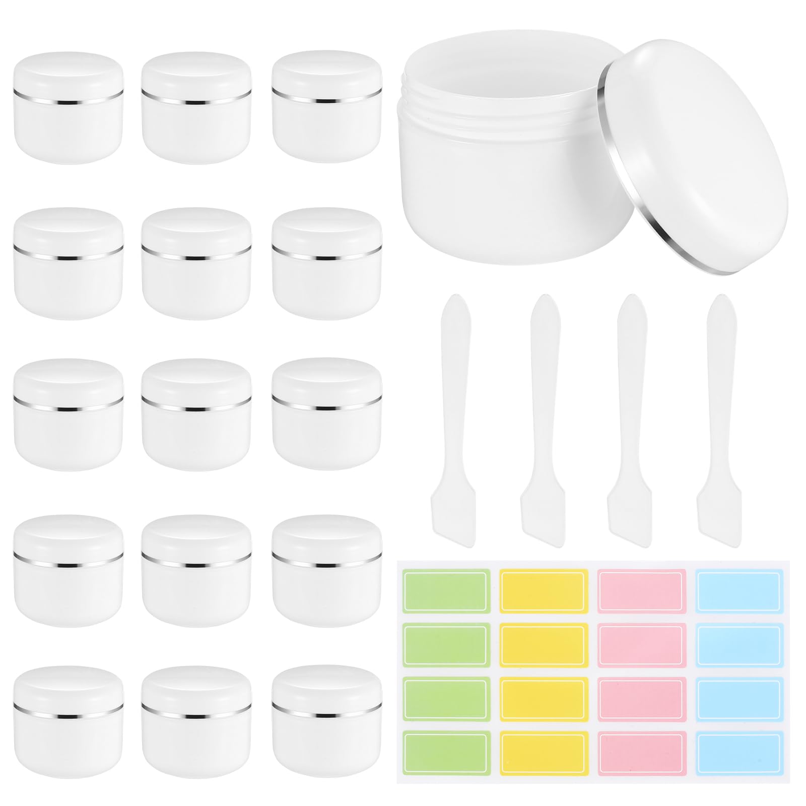 15 Pcs Cosmetic Sample Jars with Lids, 50 ML Empty Plastic Cosmetic Jars with Lids, Empty Sample Pots for Cosmetics, Travel Pot for Cream Make up Toiletries, with 4 Spatulas, 1 Sticker