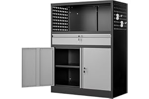 Anxxsu Metal Storage Cabinet with 1 Drawer, 41.2" Steel Lockable Storage Cabinet with Side Pegboard, Locking Cabinet Metal Cabinet for Home Office, Garage, School (Black Grey)