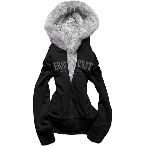 Y2k Zip Up Hoodie Fur Jackets Winter Coats Teen Emo Grunge