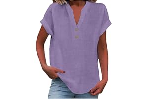 FLOLEO Linen Shirts for Women V Neck Button Down Blouse Short Sleeve Office Work Tops Vintage Vacation Tees Shirt Blouse Tops