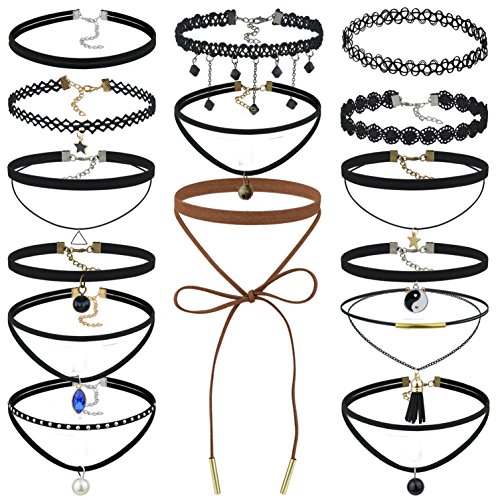 HOVEOX 15 PCS Womens Choker Necklace Set Black Velvet Lace Tattoo Choker Set Girls Stretch Necklace