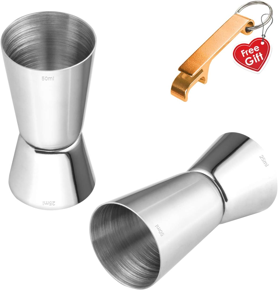 Shot Measure Cocktail Jigger Bar Craft Dual Spirit Measure Cup 25/50ml Double Jigger for Bar Party Wine Cocktail Drink Shaker, Stainless Steel Free Bottle Opener(2 Set)