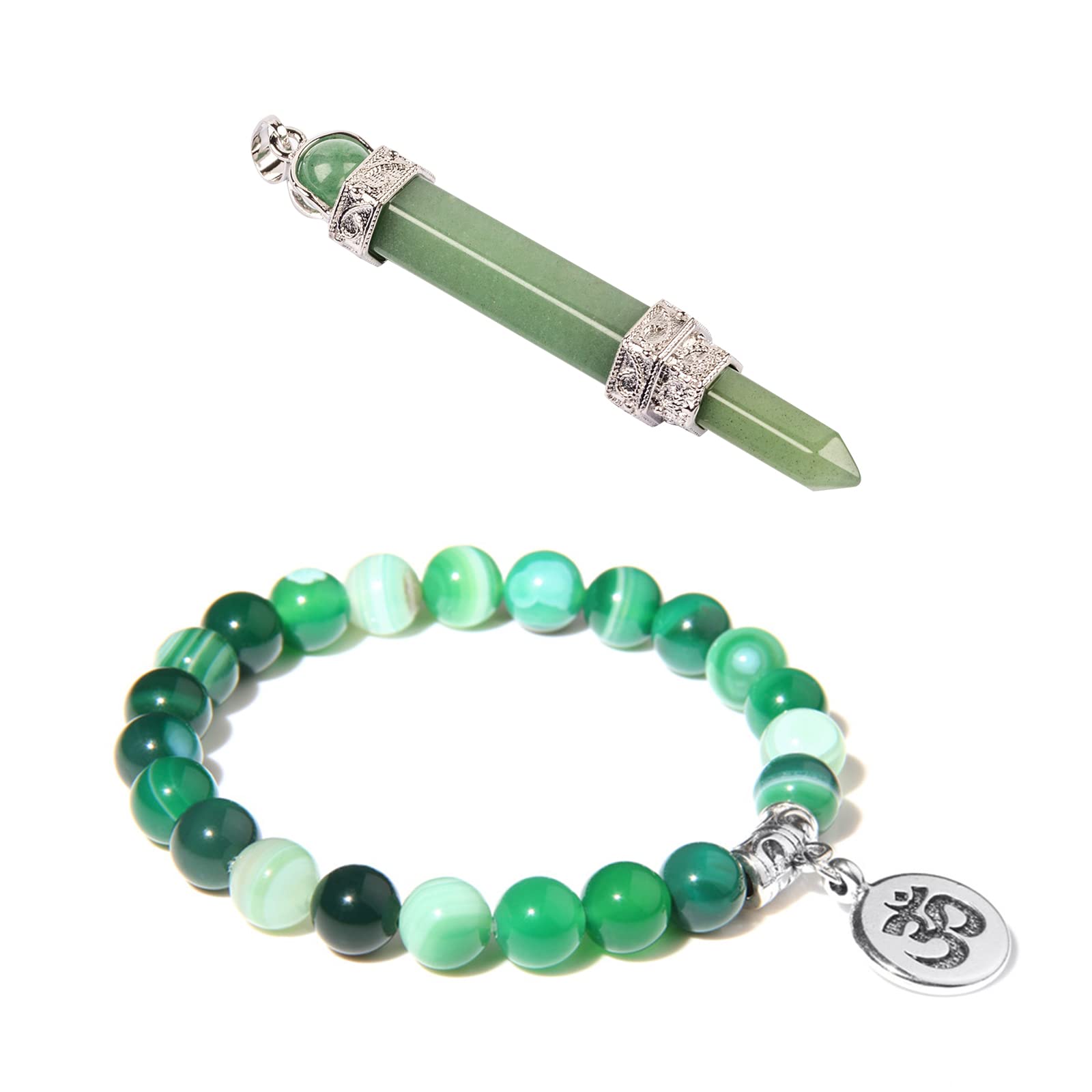 Healing Crystal Natural Energy Mercaba Green Aventurine Crystal Hexagonal Prism Rotatable Pendant Pendulum Green Agate Beads Bracelet for Reiki Blancing Meditation
