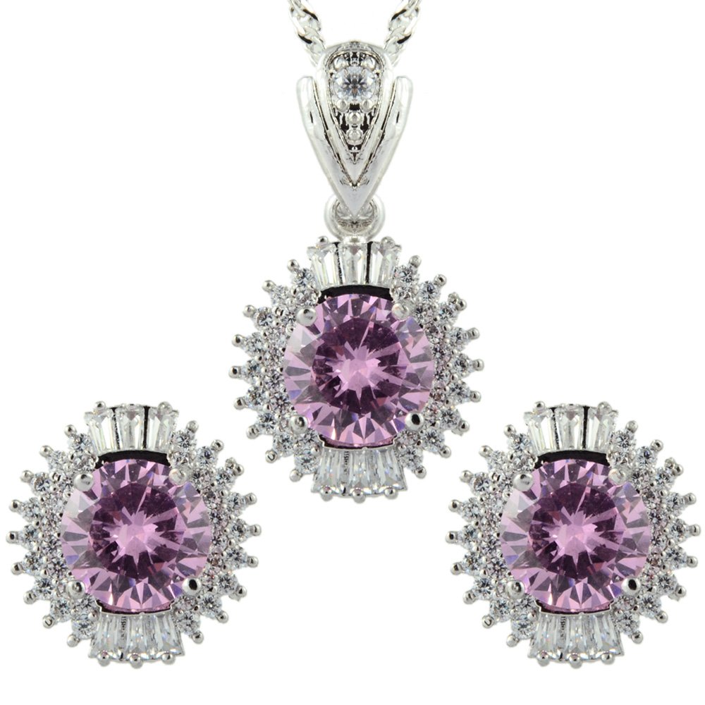 RIZILIA Jewellery Set Pendant with 43cm(17") Chain & Stud Earrings Round Cut Gemstones CZ [Pink Sapphire] in 18K White Gold Plated, Simple Modern Elegance
