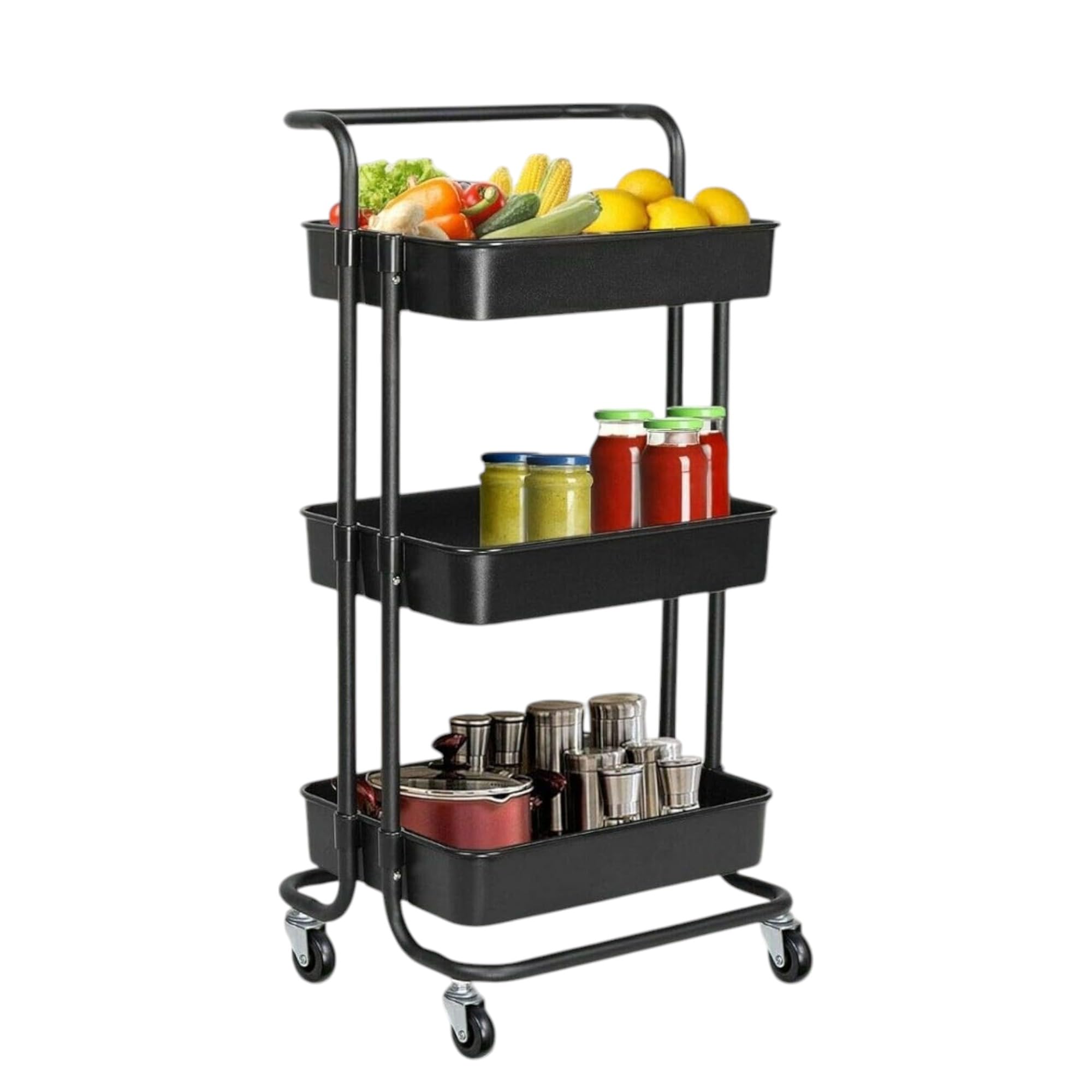 Hyfive 3 Tier Trolley Storage Cart On Wheels - Kitchen & Bathroom Utility Cart, Beauty & Hairdresser Trolley (BLACK) - Elderly Friendly