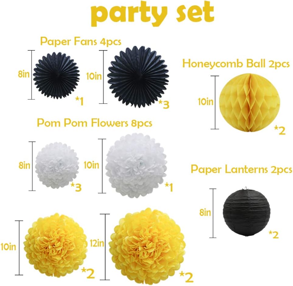 Yellow White Black Party Decorations 16pcs Paper Pom Poms Honeycomb Balls Lanterns Tissue Fans for Bee Day Party Batman Birthday Graduation Baby Shower: Arts, Crafts & Sewing
