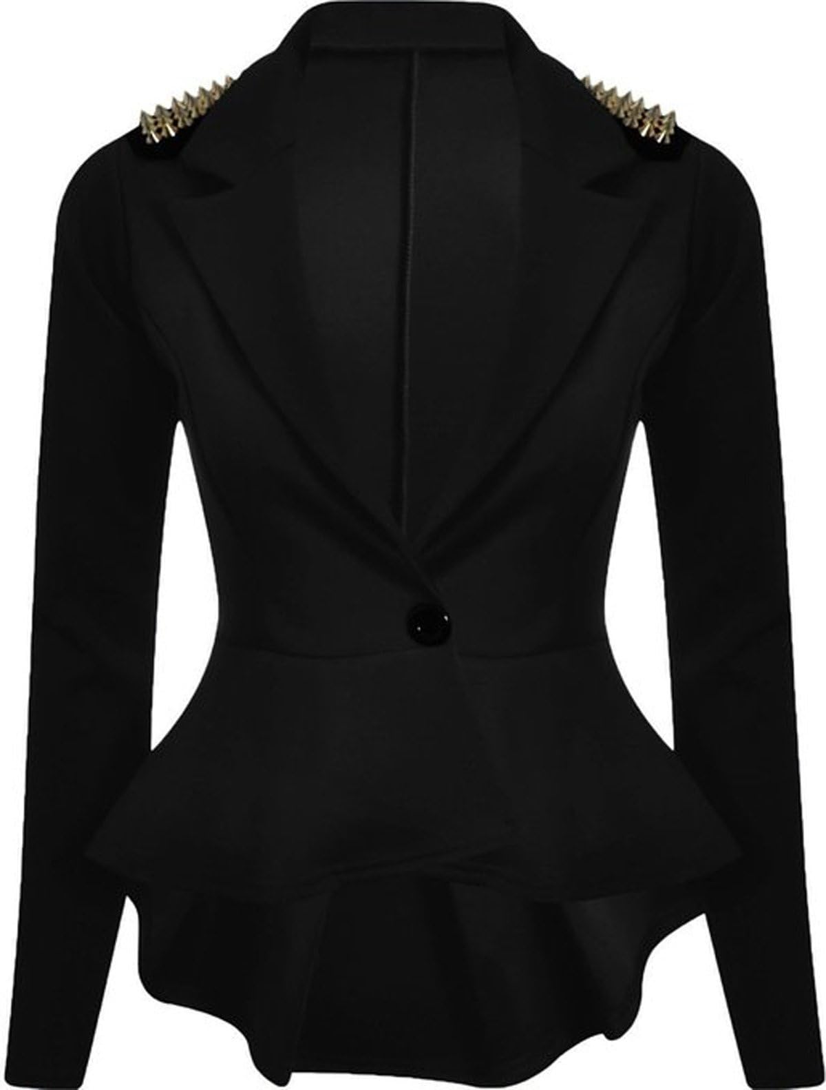 FashionMark Womens Spikes Studded Crop Peplum Frill Button Blazer Jacket Coat