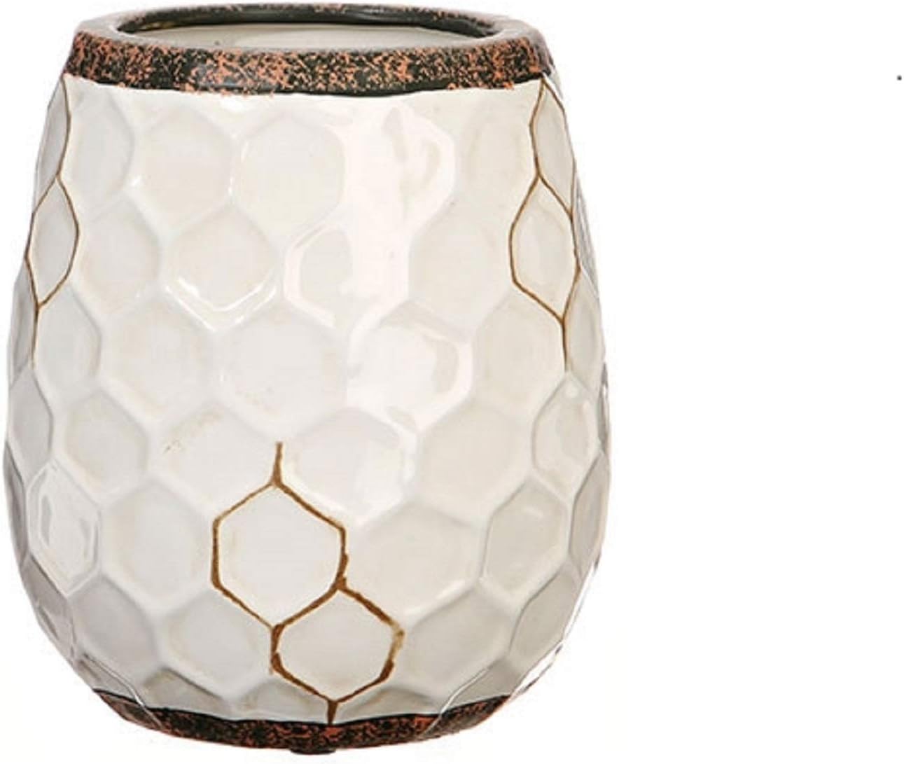 Raz 5.5โ Ivory White and Mocha Brown Cottage Style Honeycomb Ceramic Vase