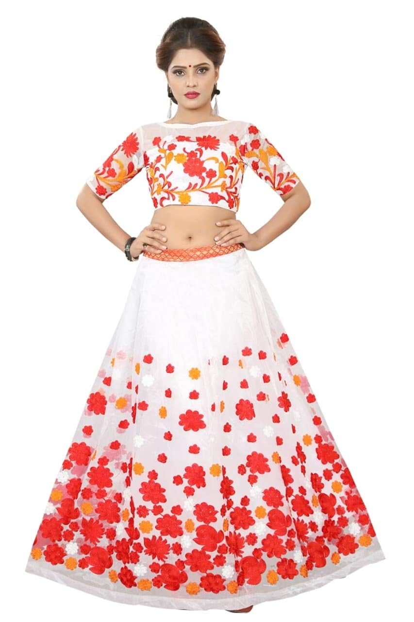 clickedia women's net tafetta lehenga choli with blouse piece_white_pink_free size