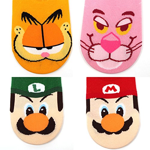 WOWFOOT Women Animation Design No-Show Casual Liner Socks Colorful Animal Character Non Slip Flat Boat For Girl (4 pair - Ani-Character 2)