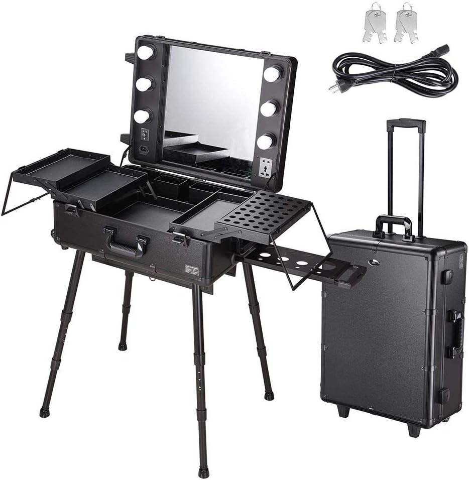 Rolling Makeup Case with LED Light Mirror Adjustable Legs Lockable Train Table Studio Artist Cosmetic 22x17x8" US Delivery