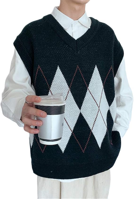Amazon リングルー ニットベスト Vネック メンズ スクールベスト ゆったり 袖なし ニット セーター 制服 学生服 トップス イギリス風 ノースリーブ プリント カレッジ風 ニットベスト 大きいサイズ 韓国風 ベスト おしゃれ プルオーバー ベスト 通販