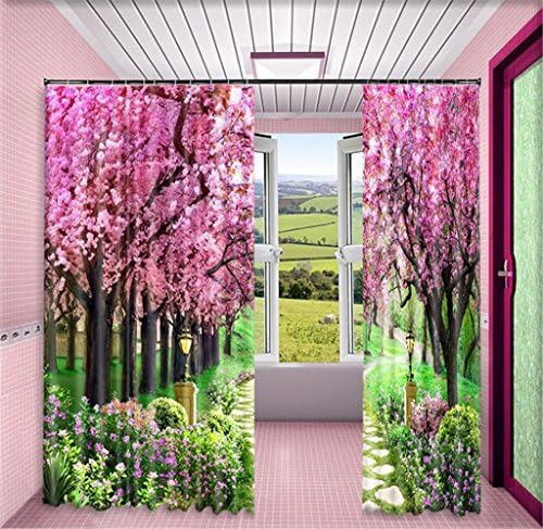 XFKL 3D Sakura Woods Garden Path Landscape Printing Blackout Curtains, 100% Polyester Surface Fabric with Winter Warm but Summer Cool, for Bedroom Living Room Home Decor,2 Panels Set, 142 * 106 inch