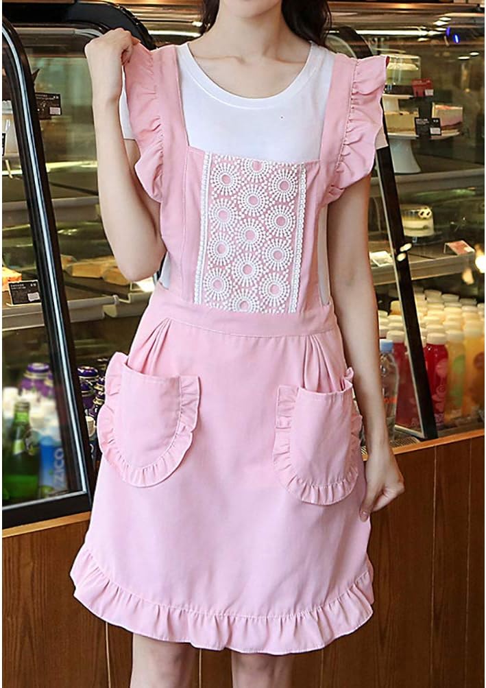 losofar Women Girls Lovely Vintage Apron Cake Kitche Coffee Gardening Salon Works Cross Back Cute Retro Ladies Aprons Pinafore Dress with Pockets (Pink)