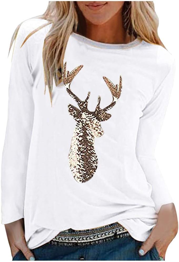Women’s Basic Tops Autumn Sequin Elk Deer Print Xmas Tunic O-Neck Long Sleeve Blouse Ladies Casual Jumper Sweatshirt