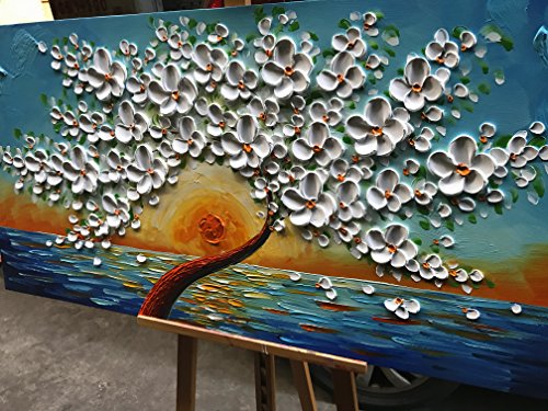 baccow White Oil Paintings 2448, Abstract 3D Flower Wall Decor Blue, Hand Painted Framed Wall Decorations for Living Room Bedroom Dining Room Bathroom Office