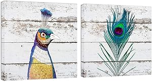 BOLUO Peacock Feathers Wall Art Canvas Painting Rustic Bathroom Decor Teal Blue Print Picture Vintage Wood Texture Prints Home Decoration 12x12x2pcs (KQ-2SET)