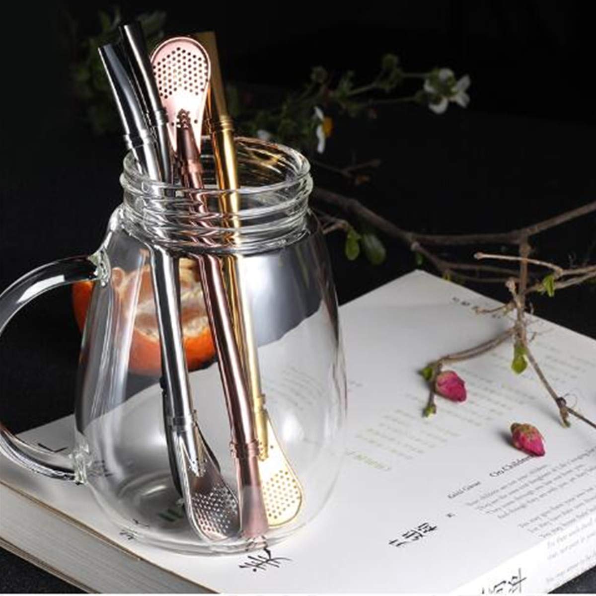 Bombillas Trinkhalme mit Reinigungsbürste für Smoothie, Milchshake und Heißgetränke, Kaffee, Yerba Mate, Strohhalm, Teelöffel, 4 Stück