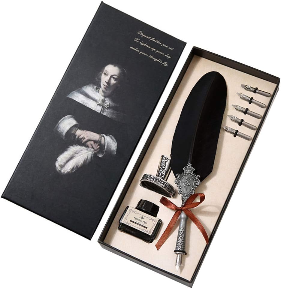 Feather Quill Dip Pen Retro Classical Quill Dip English Calligraphy Fountain Pen with Writing Ink 5 Nibs Kit Set Stationery Gift Box