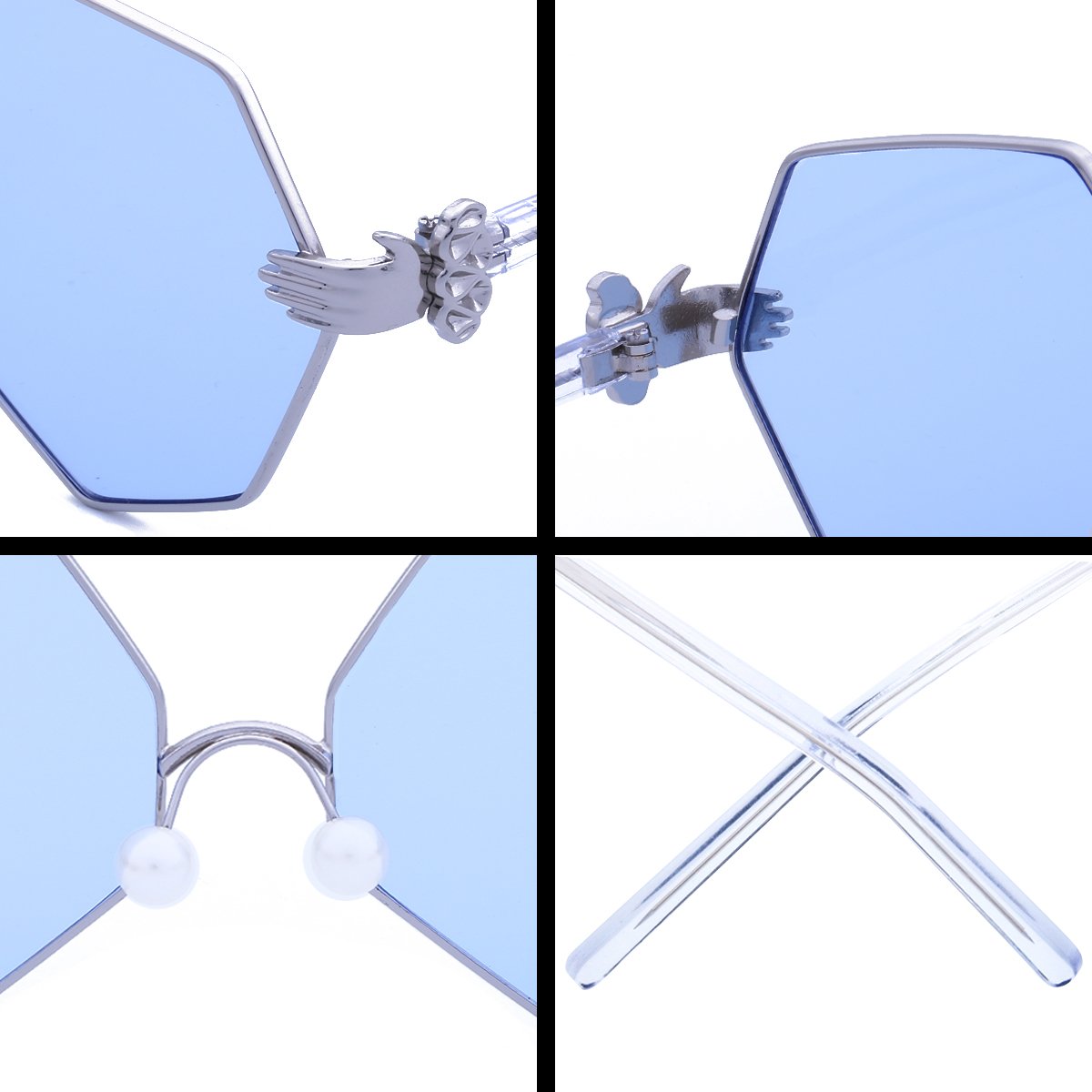 WISH CLUB Women Polygon Sunglasses Flat Clear Transparent Lens Fashion Metal Frame UV 400 Fashion Trendy Glasses (Blue)