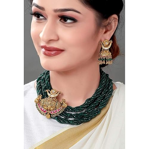 Women's Emerald Green Earring and Necklace Set with Gold Toned Kundan Broach