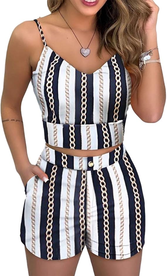 N /A Women Shorts Set Set Sleeveless Floral Printed Cami Top and Shorts