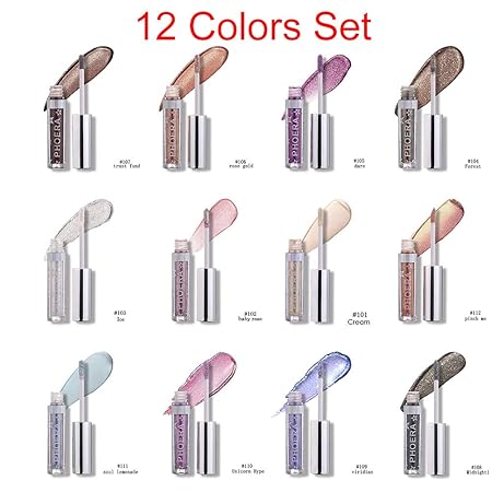 Allbesta 12 Farben Set Langlebig Glänzend Glitter Shimmer Flüssiger Lidschatten Stift Wasserfest Metallic Pigmente Make-up