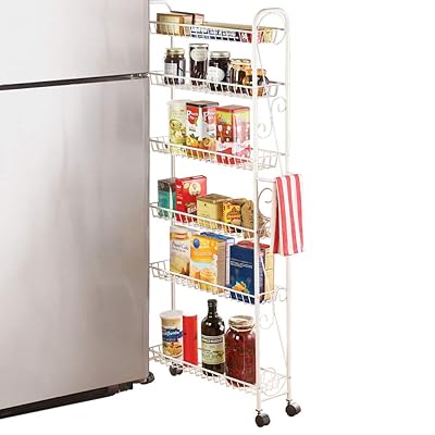 Slim Rolling Pantry 6-Tier Shelf, White Metal, Elegant Scroll Accent