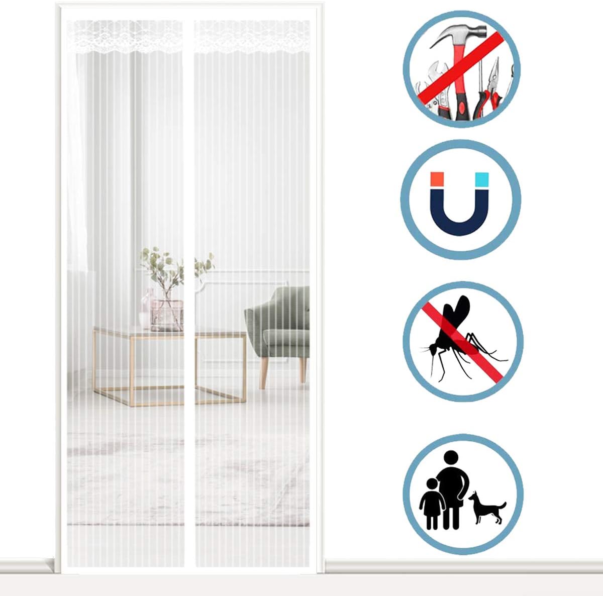 THAIKER Magnetic Screen Door Curtain, 180x200cm(71x79inch) with Heavy Duty Keeps Fresh Air in and Mosquitoes Fits Door Size up to, White