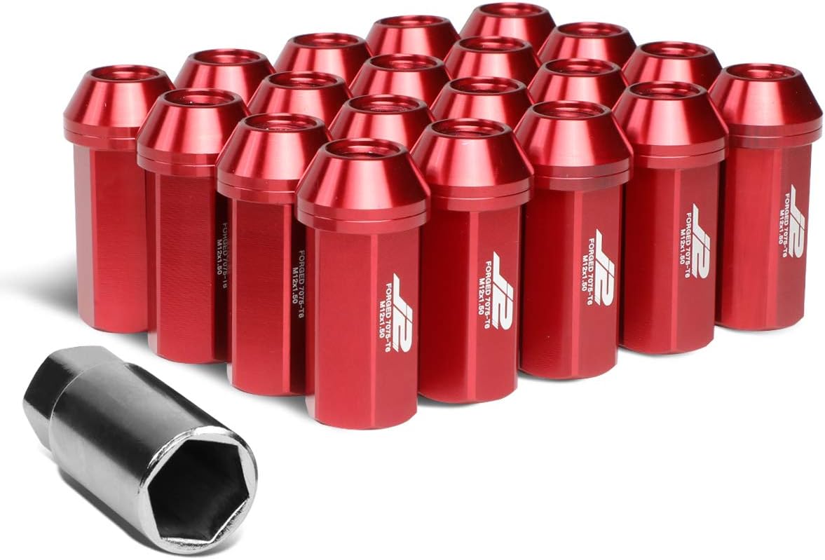 J2 Engineering 7075-T6 Replacement forged Aluminum M12x1.5 20Pcs 50mm Tall Close-End Lug Nut Set w/Adapter Red