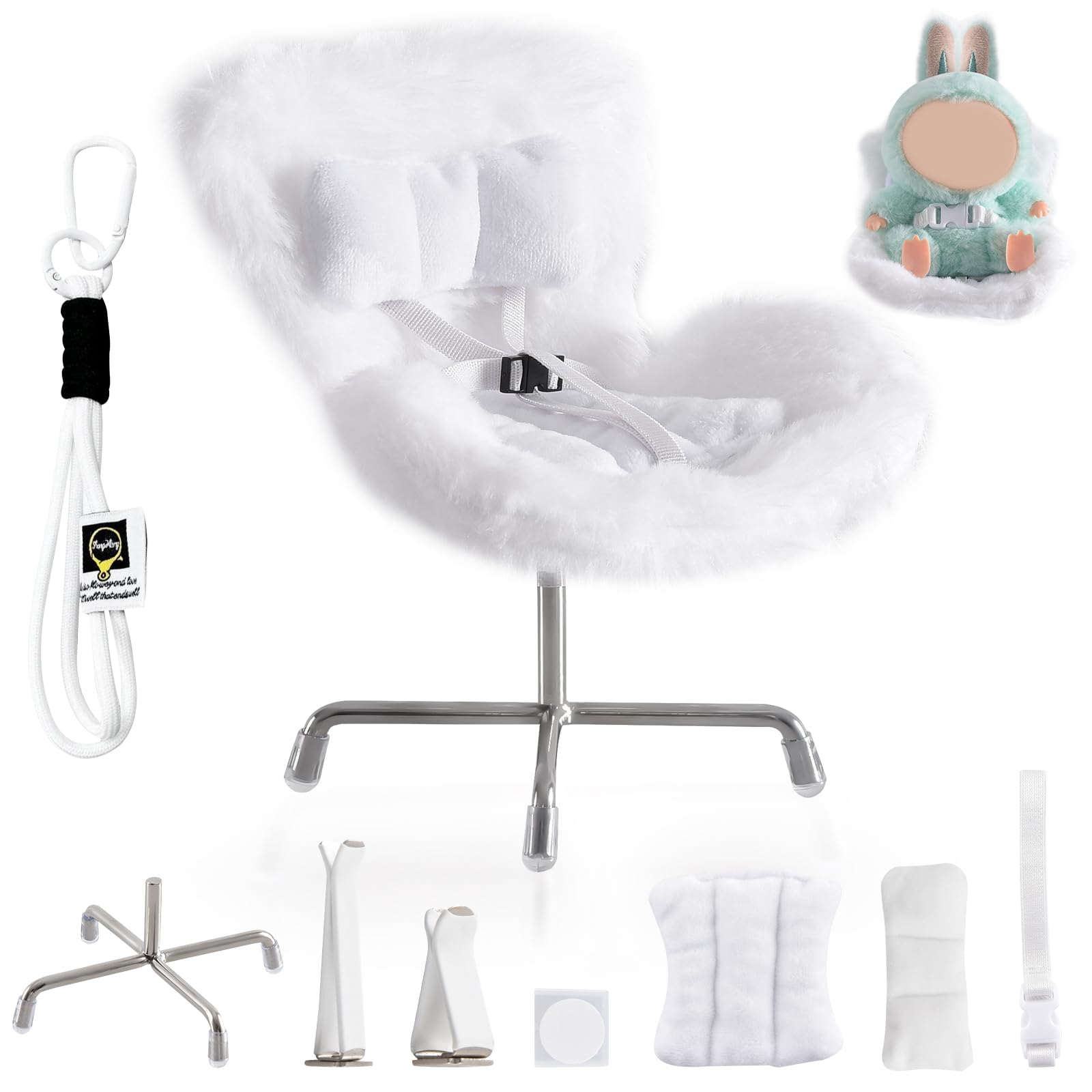 Doll Car Seat Compatible with Bubudoll, Small Seat for 10-17cm Blind Box Toys, Including Air Vent Clip, Desktop Stand, Adjustable Safety Strap, Airflow-Friendly Design, Ideal Car Decor Gifts(White)