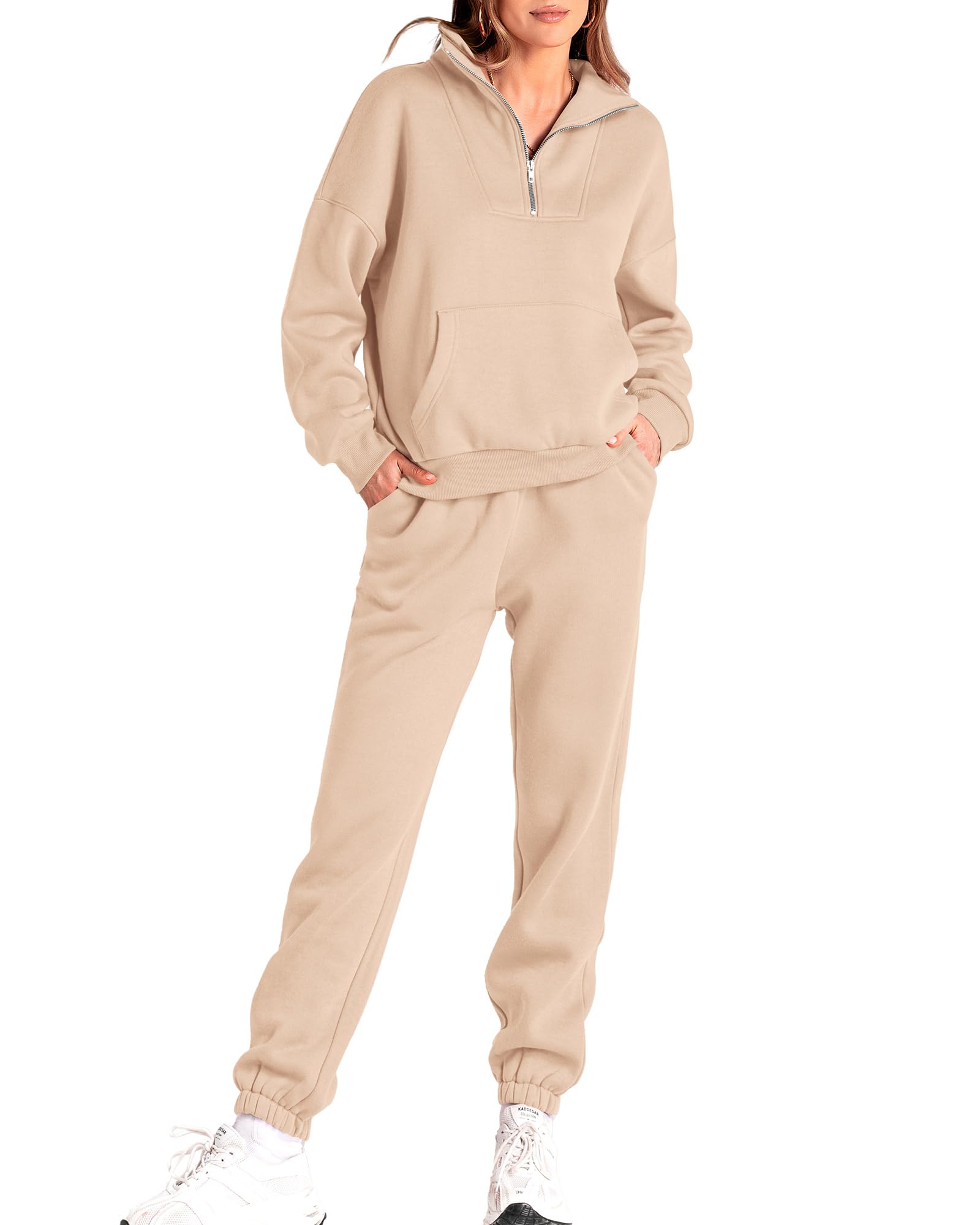 Photo 1 of **USED**BTFBM Women 2 Piece Outfits Sweatsuit Set 2024 Fall Oversized 1/4 Zip Sweatshirt Elastic Sweatpant Lounge Set Tracksuit(Solid Light Khaki, Small)