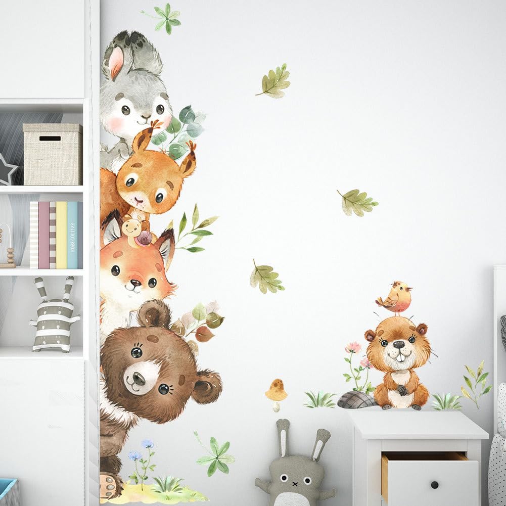 Jungle Animals Door Wall Decals, Safari Animal Wall Stickers Bear Fox Rabbit Squirrel Wallpaper Nursery Wall Decor Peel and Stick Wall Art Decoration for Baby Nursery Kids Bedroom Living Room