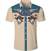 RAISEVERN Mens Hawaiian Shirt Western Cowboy Button Down Short Sleeve Tropical Beach Dress Shirt for Summer Holiday