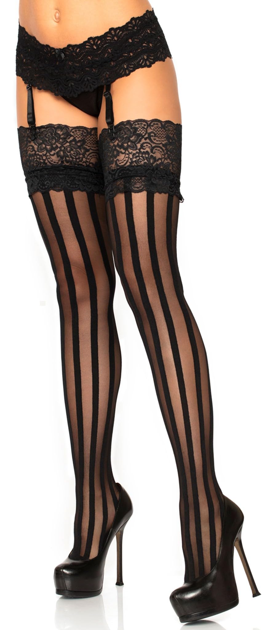 Leg Avenue Deluxe Black Striped Lace Top Retro Fashion Stockings – 9218