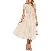 ZESICA Womens 2026 Summer Short Sleeve Midi Dresses Crewneck Knit Belted Pleated Business Work Cocktail A Line Flowy Dress