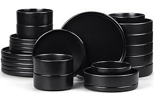 E-far Black Dinnerware Sets with Pasta Bowls, 24-Piece Stoneware Plates and Bowls Sets for 6 | Microwave & Dishwasher Safe Mo