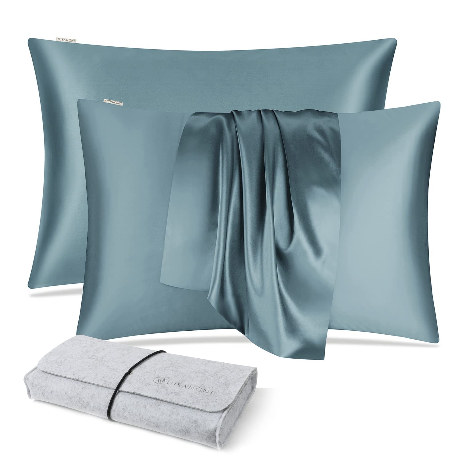 DISANGNI 100% Natural Mulberry Silk Pillow case for Hair and Skin with Hidden Zipper 22 Momme Both Sides Real Silk Pillow Case (2pc 50x75cm, Blue Gray)