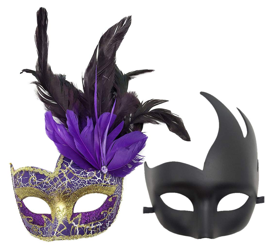 Coolwife Couple Feather Mask Masquerade Halloween Mardi Gras Cosplay Party Costume Masks (Couple A Purple)