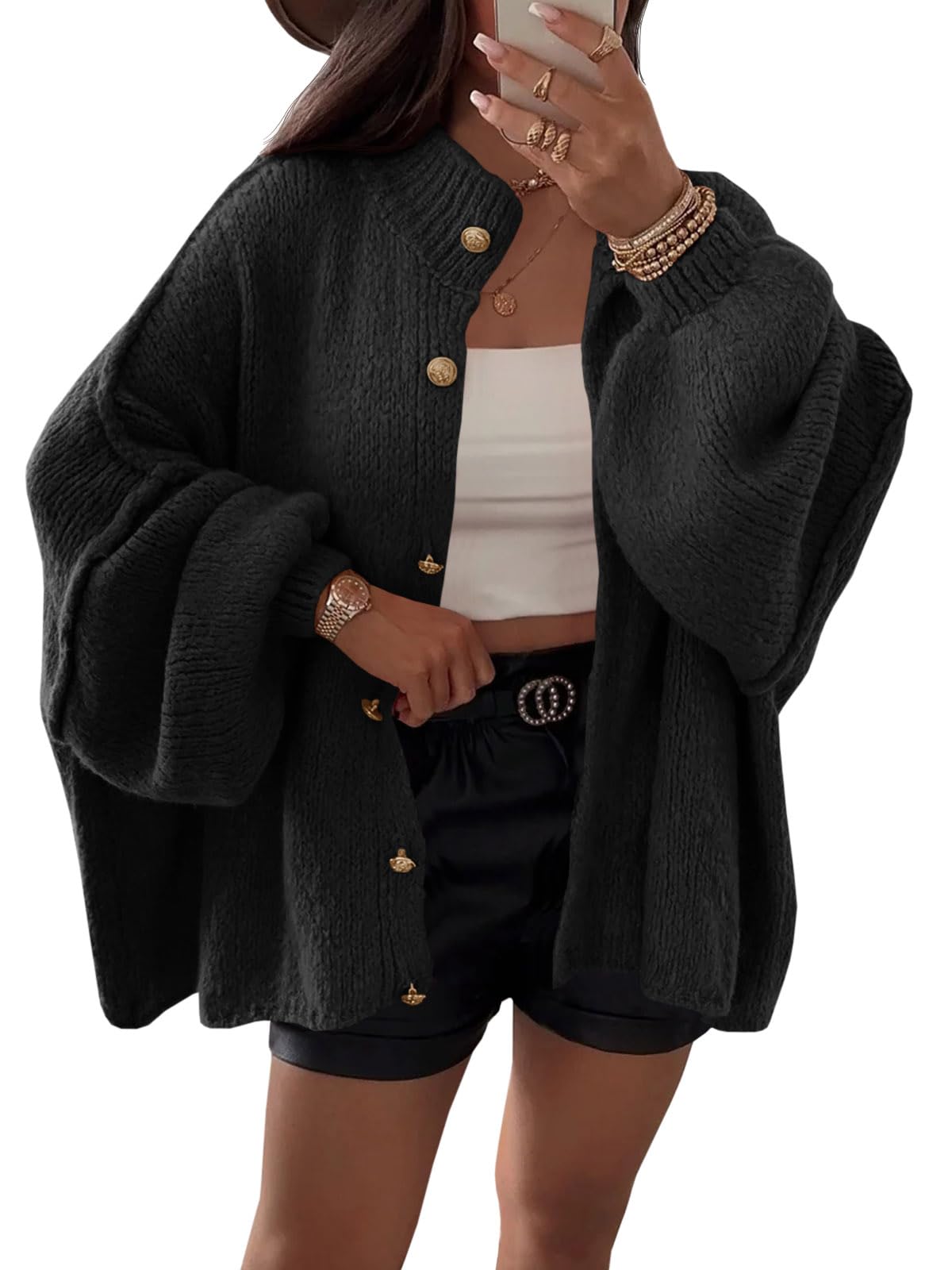 Photo 1 of Saodimallsu Womens Oversized Cardigans Long Lantern Sleeve Button Down Chunky Knit Loose Fall Sweater Coats Black