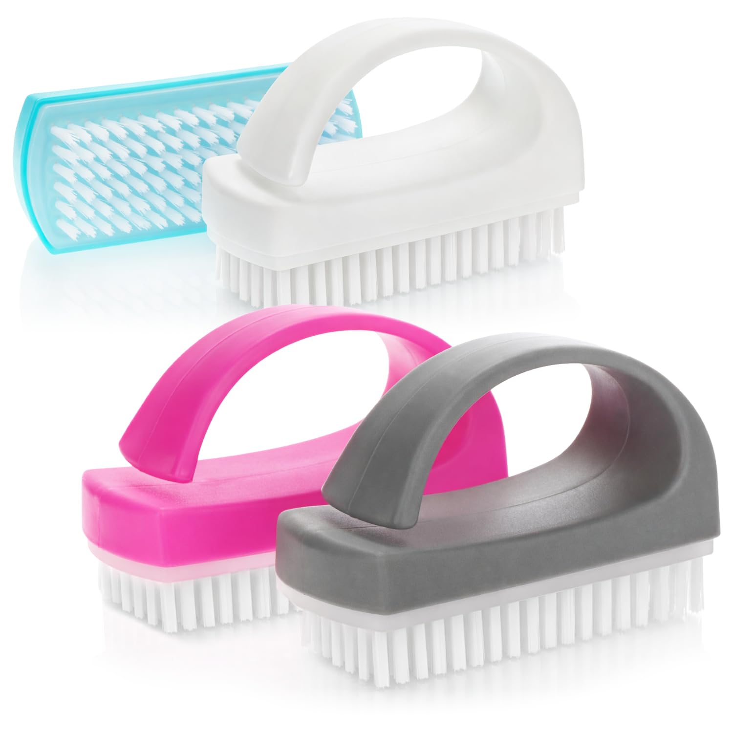 com-four® 4x Hand brush - Nail brush with handle - Cleaning product for home - Hand washing brush - Cleaning brush in blue, white, pink and grey (04 pieces - color mix 3)